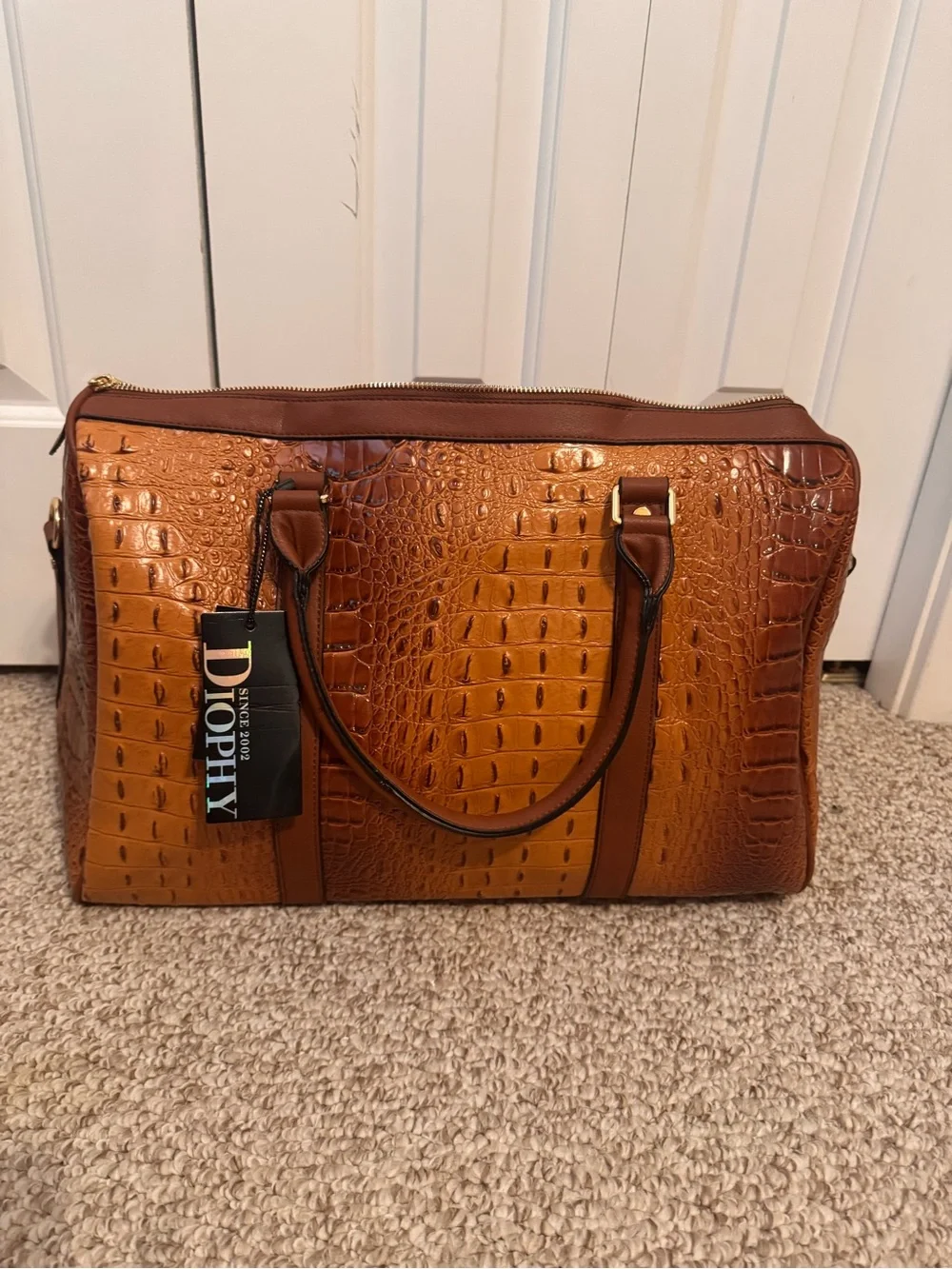 Brown Croc-Embossed Duffel Bag with Stripe and Bee Accent